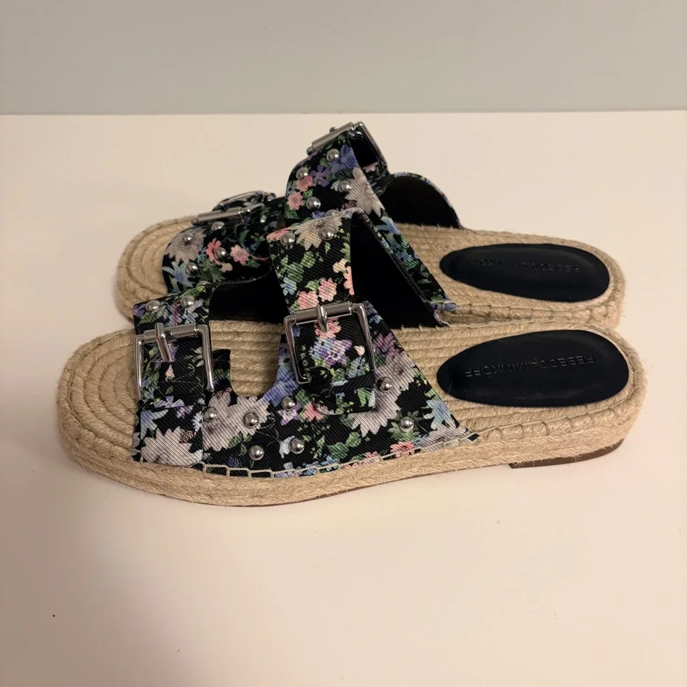 Rebecca Minkoff Jodi Floral Studded Espadrille Slide Sandals Black Multi 10.5M